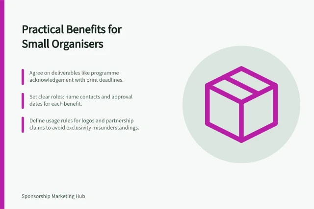 Practical Benefits for Small Organisers: Agree on deliverables like programme acknowledgement with print deadlines.; Set clear roles: name contacts and approval dates for each benefit.; Define usage rules for logos and partnership claims to avoid exclusivity misunderstandings. Agreeing on practical benefits with a small organiser