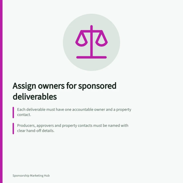 Assign owners for sponsored deliverables: Each deliverable must have one accountable owner and a property contact.; Producers, approvers and property contacts must be named with clear hand-off details.; Completion requires approved format, due date, approvals and delivery proof. Assigning owners for each sponsored deliverable