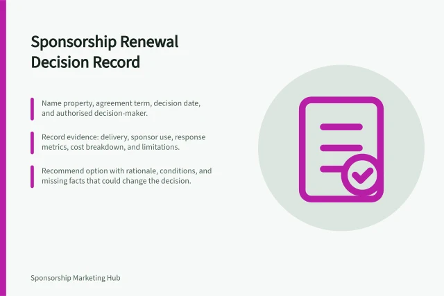 Sponsorship Renewal Decision Record: Name property, agreement term, decision date, and authorised decision-maker.; Record evidence: delivery, sponsor use, response metrics, cost breakdown, and limitations.; Recommend option with rationale, conditions, and missing facts that could change the decision. Building a decision record for a sponsorship renewal