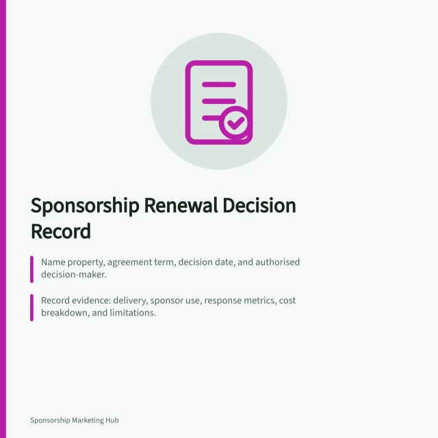 Sponsorship Renewal Decision Record: Name property, agreement term, decision date, and authorised decision-maker.; Record evidence: delivery, sponsor use, response metrics, cost breakdown, and limitations.; Recommend option with rationale, conditions, and missing facts that could change the decision. Building a decision record for a sponsorship renewal