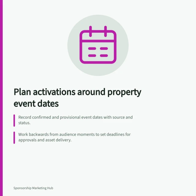 Plan activations around property event dates: Record confirmed and provisional event dates with source and status.; Work backwards from audience moments to set deadlines for approvals and asset delivery.; Adjust messages to match actual activity times and channel rights. Building an activation calendar around the property's schedule
