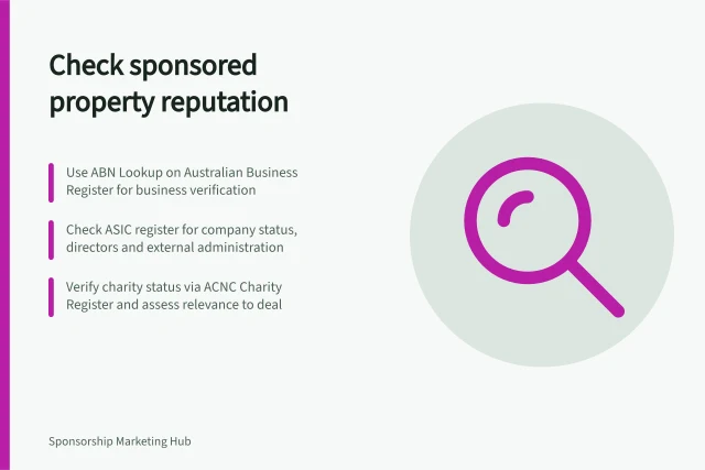 Check sponsored property reputation: Use ABN Lookup on Australian Business Register for business verification; Check ASIC register for company status, directors and external administration; Verify charity status via ACNC Charity Register and assess relevance to deal. Checking a sponsored property's reputation before a deal