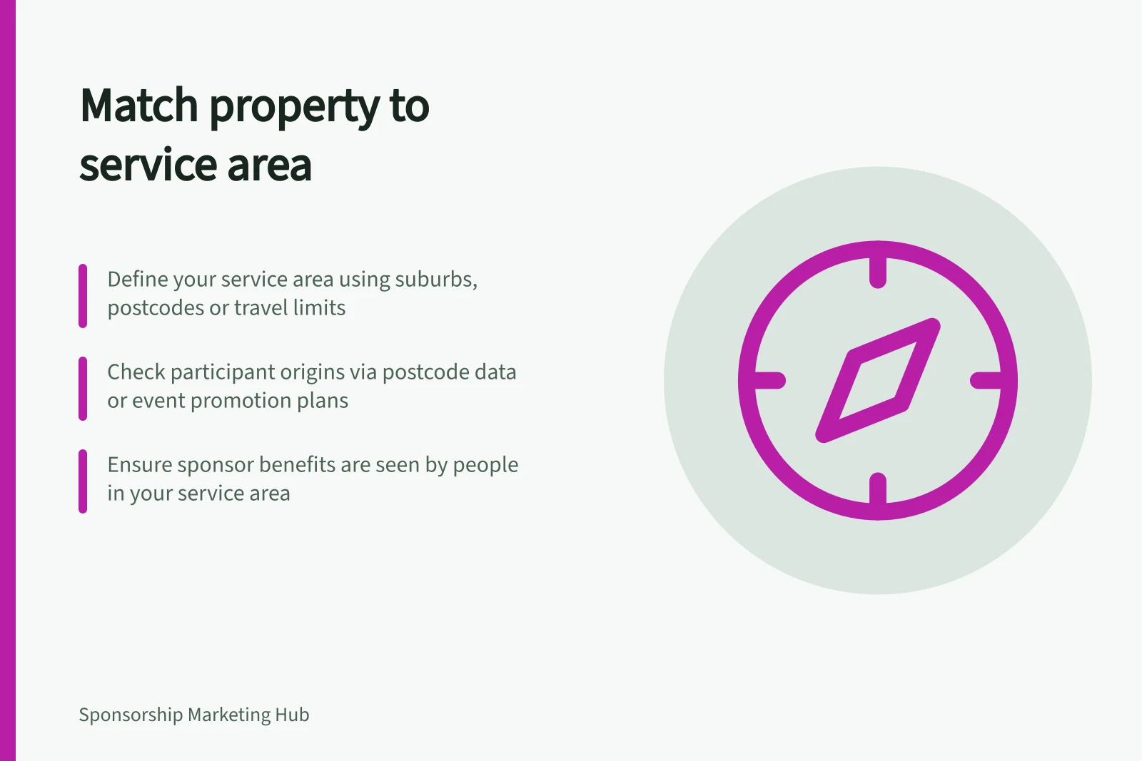 Match property to service area: Define your service area using suburbs, postcodes or travel limits; Check participant origins via postcode data or event promotion plans; Ensure sponsor benefits are seen by people in your service area