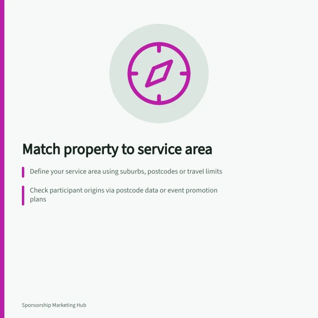 Match property to service area: Define your service area using suburbs, postcodes or travel limits; Check participant origins via postcode data or event promotion plans; Ensure sponsor benefits are seen by people in your service area. Choosing a local property that matches the service area