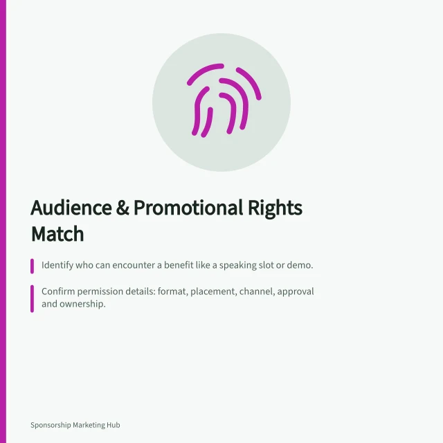 Audience & Promotional Rights Match: Identify who can encounter a benefit like a speaking slot or demo.; Confirm permission details: format, placement, channel, approval and ownership.; Compare access and rights: one without the other limits value. Comparing audience access with promotional rights
