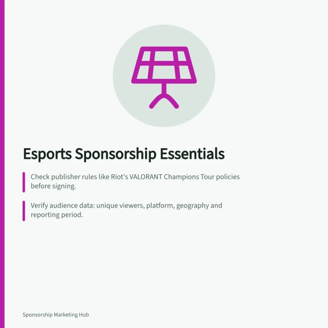 Esports Sponsorship Essentials: Check publisher rules like Riot's VALORANT Champions Tour policies before signing.; Verify audience data: unique viewers, platform, geography and reporting period.; Define rights in contracts: team assets, game imagery, approval timing and exclusivity. Esports sponsorships