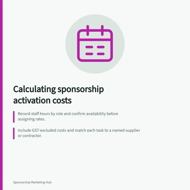 Calculating sponsorship activation costs: Record staff hours by role and confirm availability before assigning rates.; Include GST-excluded costs and match each task to a named supplier or contractor.; Test estimates with best, likely and worst-case scenarios before approval. Estimating the full cost of activating a sponsorship