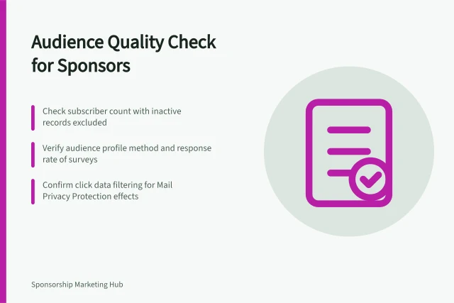 Audience Quality Check for Sponsors: Check subscriber count with inactive records excluded; Verify audience profile method and response rate of surveys; Confirm click data filtering for Mail Privacy Protection effects. Evaluating a publication's audience quality before sponsoring