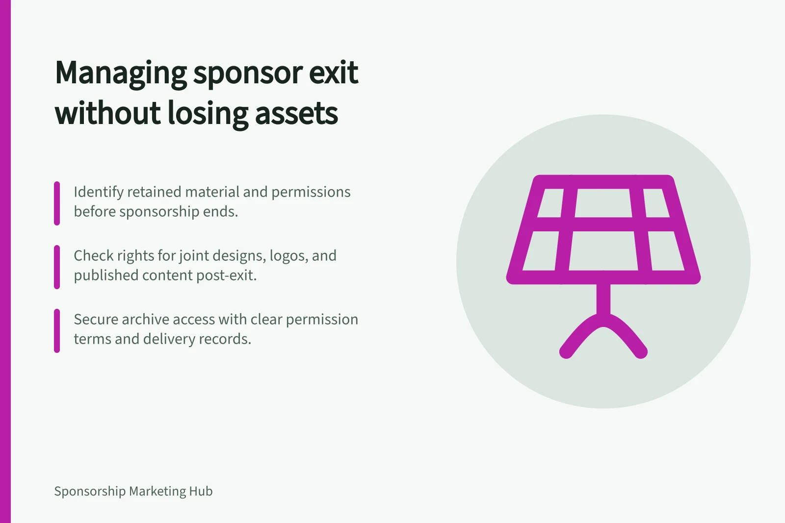 Managing sponsor exit without losing assets: Identify retained material and permissions before sponsorship ends.; Check rights for joint designs, logos, and published content post-exit.; Secure archive access with clear permission terms and delivery records.