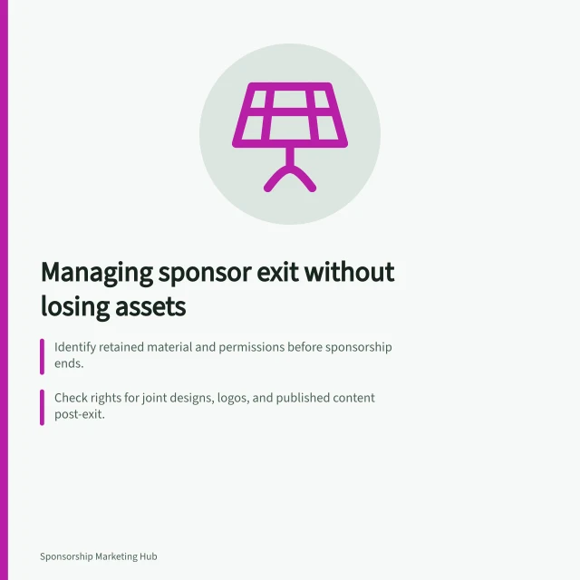 Managing sponsor exit without losing assets: Identify retained material and permissions before sponsorship ends.; Check rights for joint designs, logos, and published content post-exit.; Secure archive access with clear permission terms and delivery records. Managing a sponsor exit without losing licensed assets
