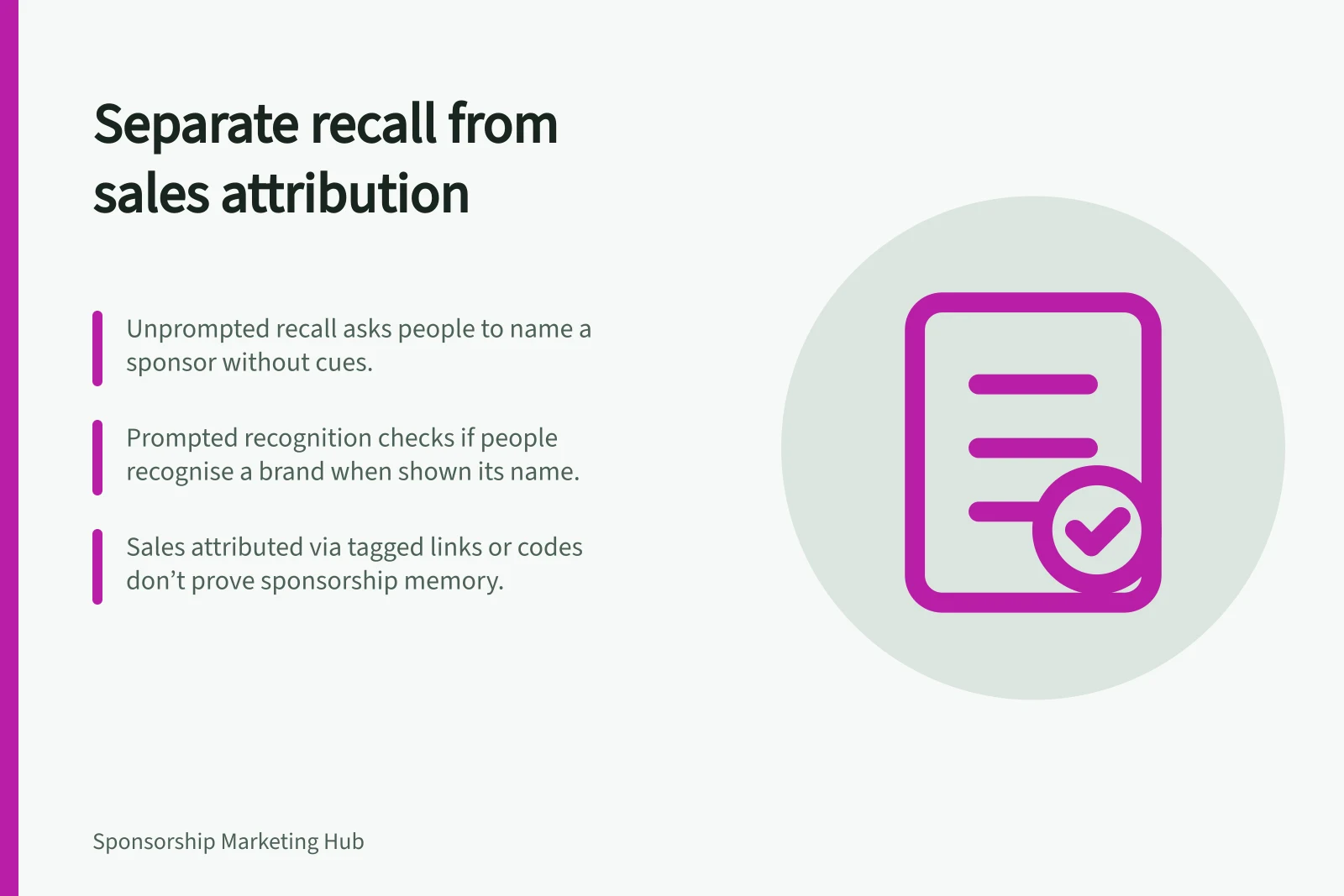 Separate recall from sales attribution: Unprompted recall asks people to name a sponsor without cues.; Prompted recognition checks if people recognise a brand when shown its name.; Sales attributed via tagged links or codes don’t prove sponsorship memory.