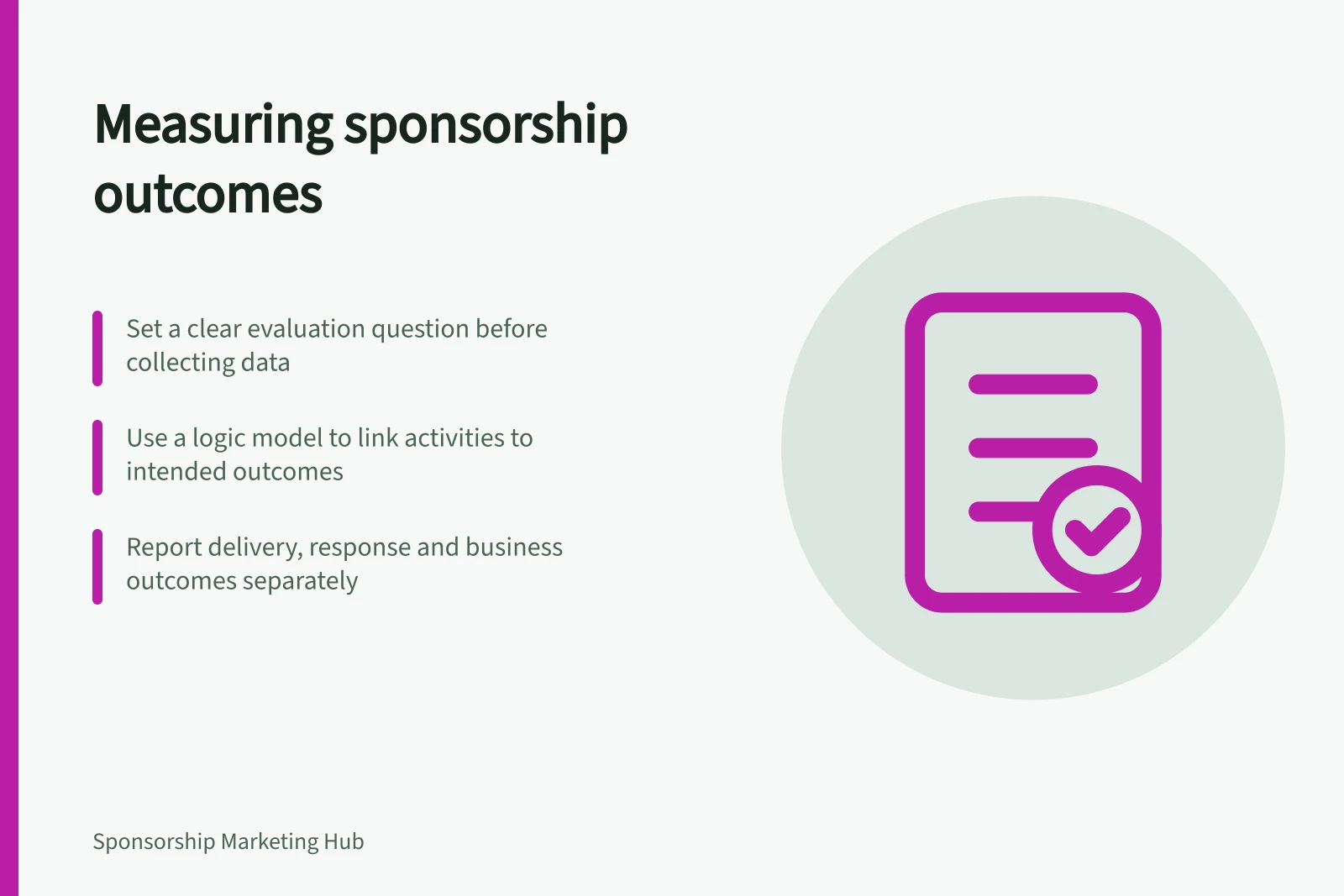 Measuring sponsorship outcomes: Set a clear evaluation question before collecting data; Use a logic model to link activities to intended outcomes; Report delivery, response and business outcomes separately