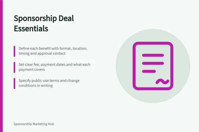Sponsorship Deal Essentials: Define each benefit with format, location, timing and approval contact; Set clear fee, payment dates and what each payment covers; Specify public-use terms and change conditions in writing. Negotiating sponsorship agreements