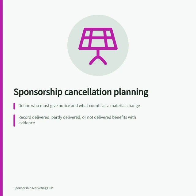 Sponsorship cancellation planning: Define who must give notice and what counts as a material change; Record delivered, partly delivered, or not delivered benefits with evidence; Set clear paths for new dates, replacement benefits, or payment adjustments. Planning what happens when a sponsored event is cancelled