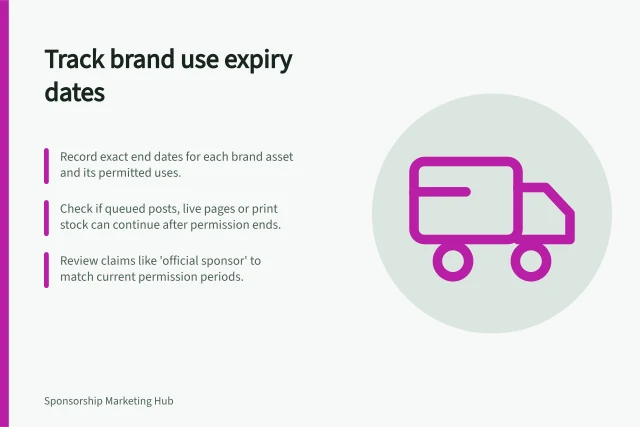 Track brand use expiry dates: Record exact end dates for each brand asset and its permitted uses.; Check if queued posts, live pages or print stock can continue after permission ends.; Review claims like 'official sponsor' to match current permission periods. Recording the expiry of brand usage permissions