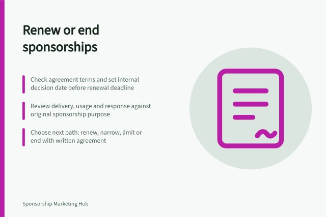Renew or end sponsorships: Check agreement terms and set internal decision date before renewal deadline; Review delivery, usage and response against original sponsorship purpose; Choose next path: renew, narrow, limit or end with written agreement. Renewing or ending sponsorships