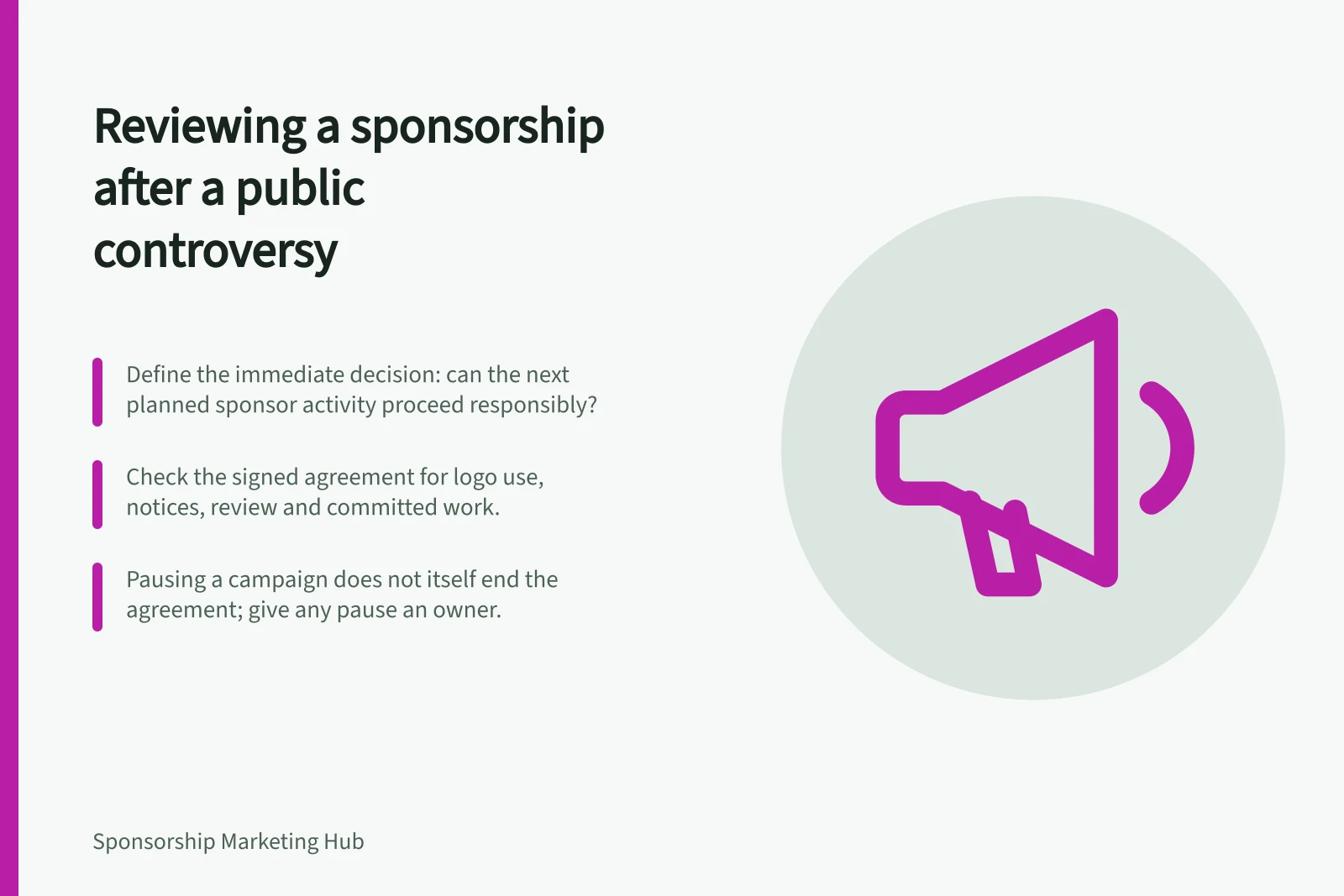 Reviewing a sponsorship after a public controversy: Define the immediate decision: can the next planned sponsor activity proceed responsibly?; Check the signed agreement for logo use, notices, review and committed work.; Pausing a campaign does not itself end the agreement; give any pause an owner.
