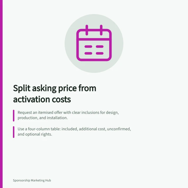 Split asking price from activation costs: Request an itemised offer with clear inclusions for design, production, and installation.; Use a four-column table: included, additional cost, unconfirmed, and optional rights.; Confirm if quotes include GST and align costing with your finance team's rules. Separating asking price from activation costs