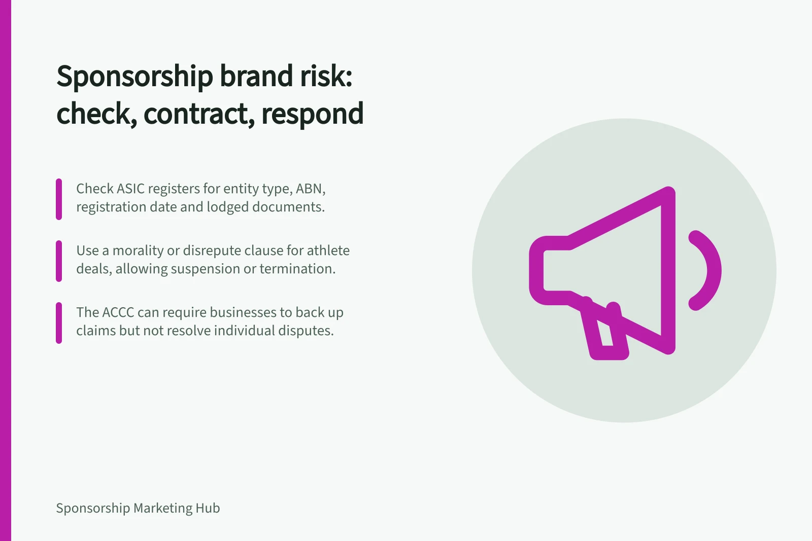 Sponsorship brand risk: check, contract, respond: Check ASIC registers for entity type, ABN, registration date and lodged documents.; Use a morality or disrepute clause for athlete deals, allowing suspension or termination.; The ACCC can require businesses to back up claims but not resolve individual disputes.