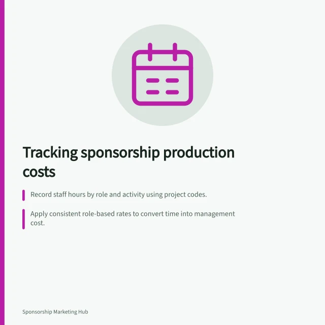Tracking sponsorship production costs: Record staff hours by role and activity using project codes.; Apply consistent role-based rates to convert time into management cost.; Calculate ROI using incremental contribution minus full sponsorship cost. Tracking internal production costs in sponsorship ROI