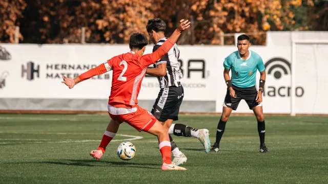 Close-up action in a competitive soccer match outdoors with players and referee in focus. Tracking the use of sponsorship rights