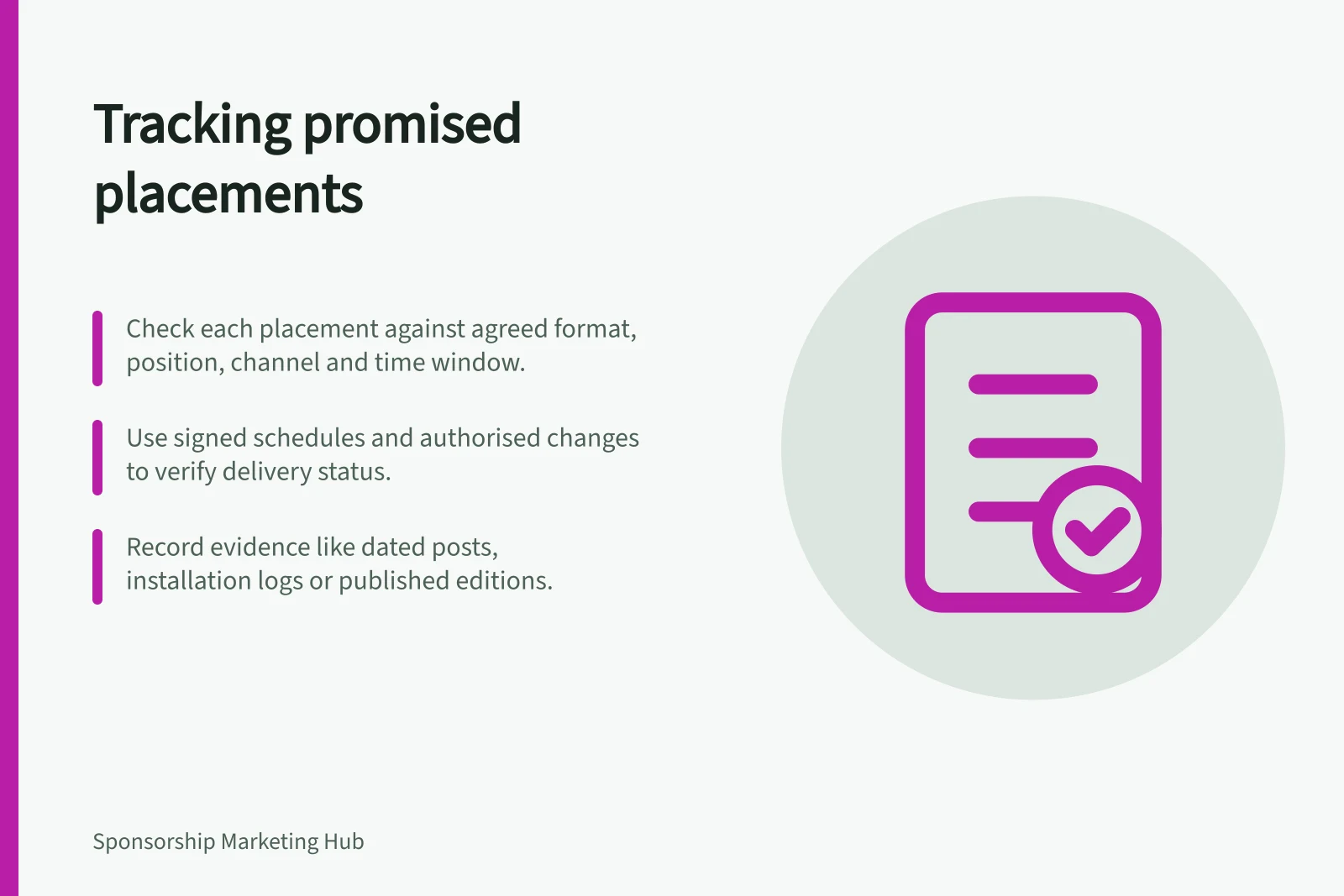 Tracking promised placements: Check each placement against agreed format, position, channel and time window.; Use signed schedules and authorised changes to verify delivery status.; Record evidence like dated posts, installation logs or published editions.