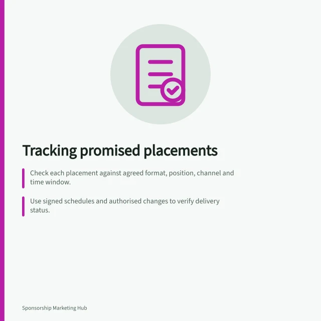 Tracking promised placements: Check each placement against agreed format, position, channel and time window.; Use signed schedules and authorised changes to verify delivery status.; Record evidence like dated posts, installation logs or published editions. Tracking whether promised placements were delivered