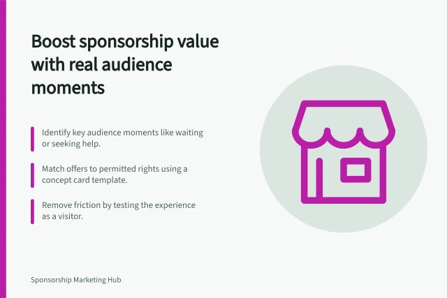 Boost sponsorship value with real audience moments: Identify key audience moments like waiting or seeking help.; Match offers to permitted rights using a concept card template.; Remove friction by testing the experience as a visitor. Turning sponsorship rights into useful audience experiences